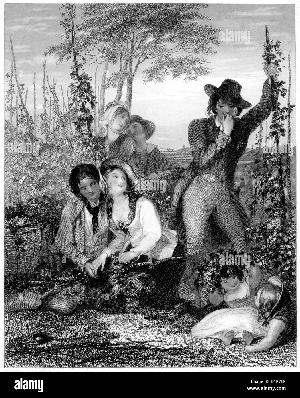 Eine Gravur mit dem Titel „The Hop Garden“, die in hoher Auflösung von einem Buch aus dem Jahr 1841 gescannt wurde. Für urheberrechtlich frei gehalten. Stockfoto