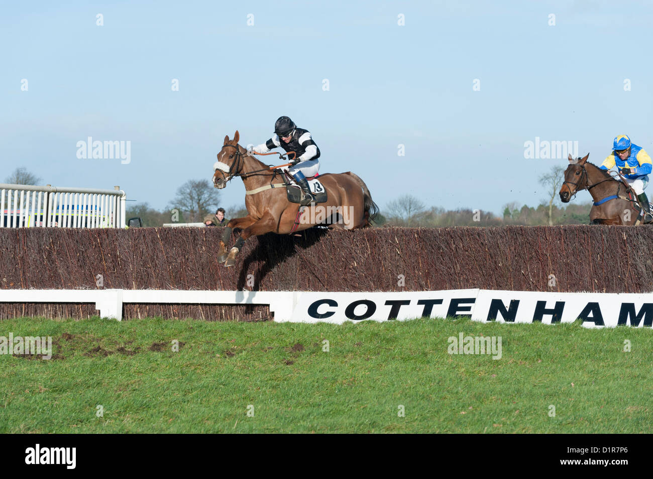 Pferde und Reiter Springen einen Zaun bei Cottenham Point to Point Rennen Cambridgeshire UK Stockfoto