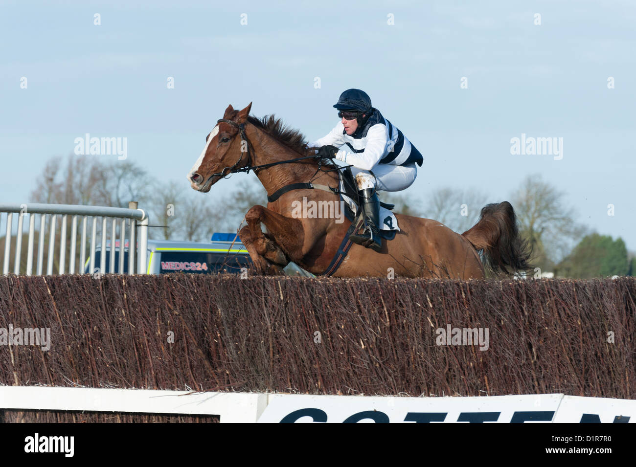 Pferd und Reiter Springen einen Zaun bei Cottenham Point to Point Rennen Cambridgeshire UK Stockfoto
