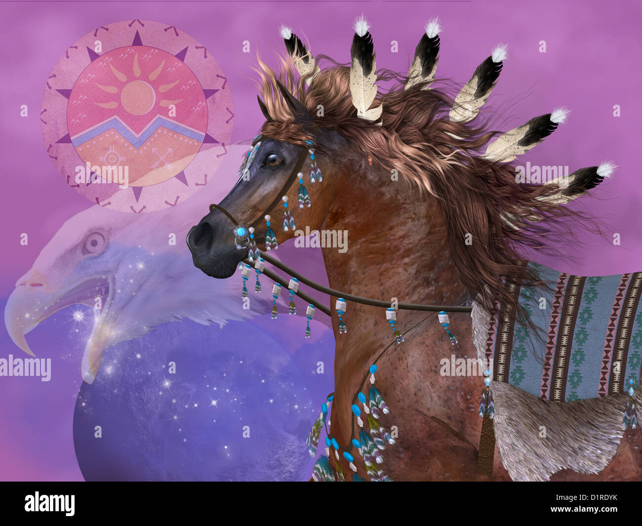 Der Adler in der indianischen Kultur symbolisiert große Kraft und Stärke des Pferdes. Stockfoto