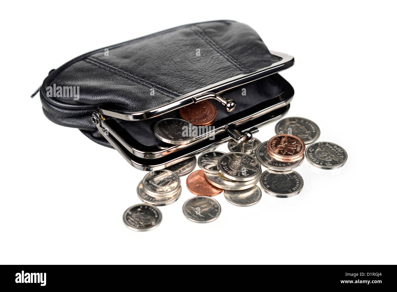 Geldbörse mit Münzen, Canadian Geld. Stockfoto