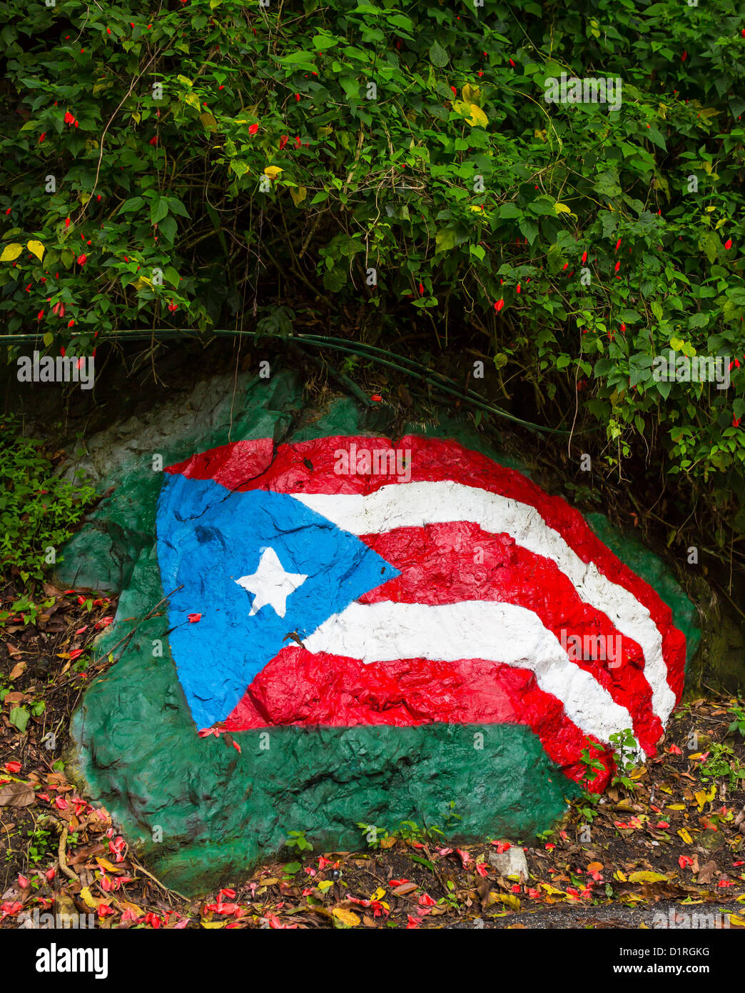 ADJUNTAS, PUERTO RICO - Puerto Rico-Flagge gemalt auf Felsen am Straßenrand. Stockfoto
