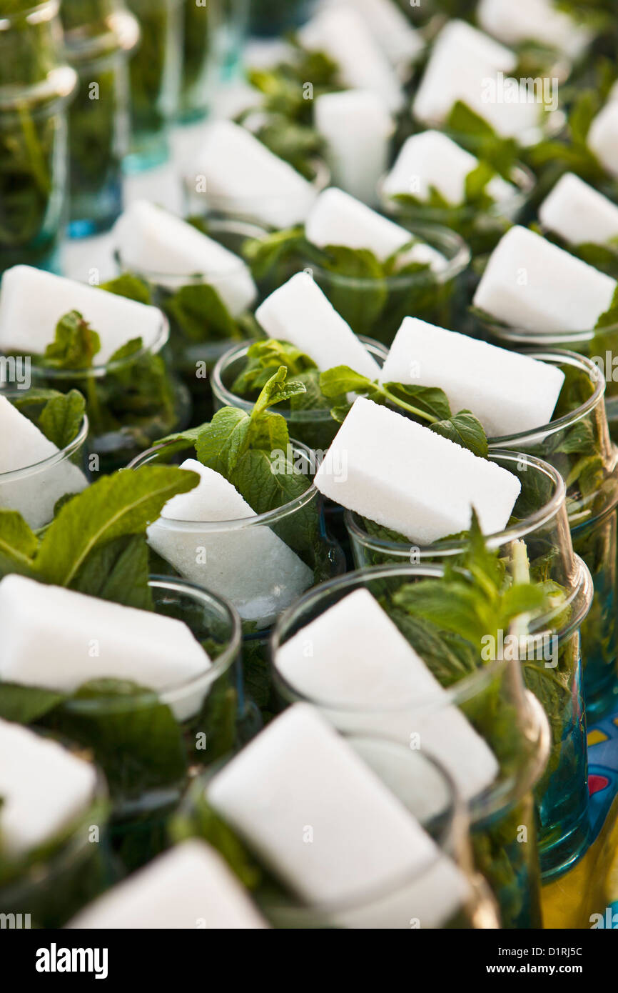 Marokko, Marrakesch, Gläser mit Zucker und frischer Minze für Pfefferminztee. Stockfoto