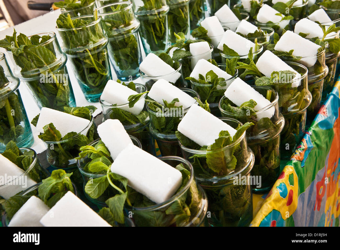 Marokko, Marrakesch, Gläser mit Zucker und frischer Minze für Pfefferminztee. Stockfoto