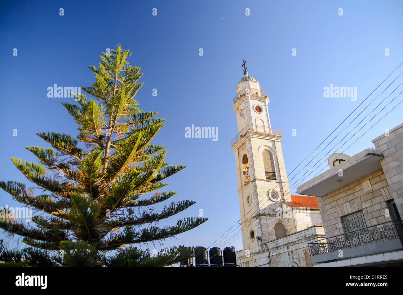 Turm der Don-Bosco-Kirche in Bethlehem, Weihnachtszeit Stockfoto