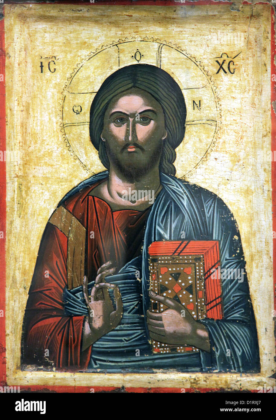 Christliche Ikonographie.Christ.Christus Pantocrator Ikone.Ei Tempera auf Holzplatte.post-byzantinisch.17. Jahrhundert. Stockfoto