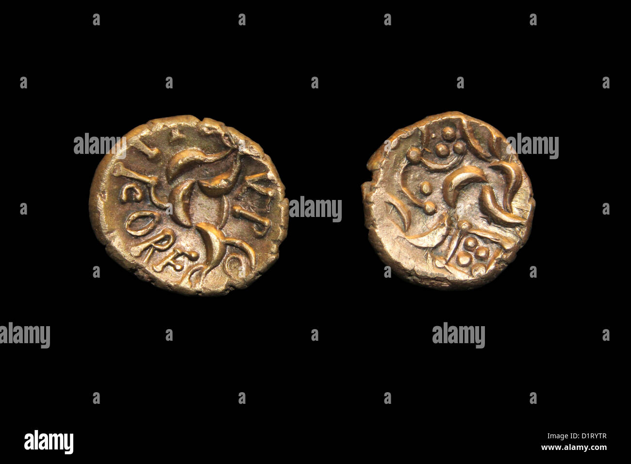 Keltische Goldmünzen geschlagen durch den Corieltauvi Stamm im späten 1. Jahrhundert v. Chr. Stockfoto