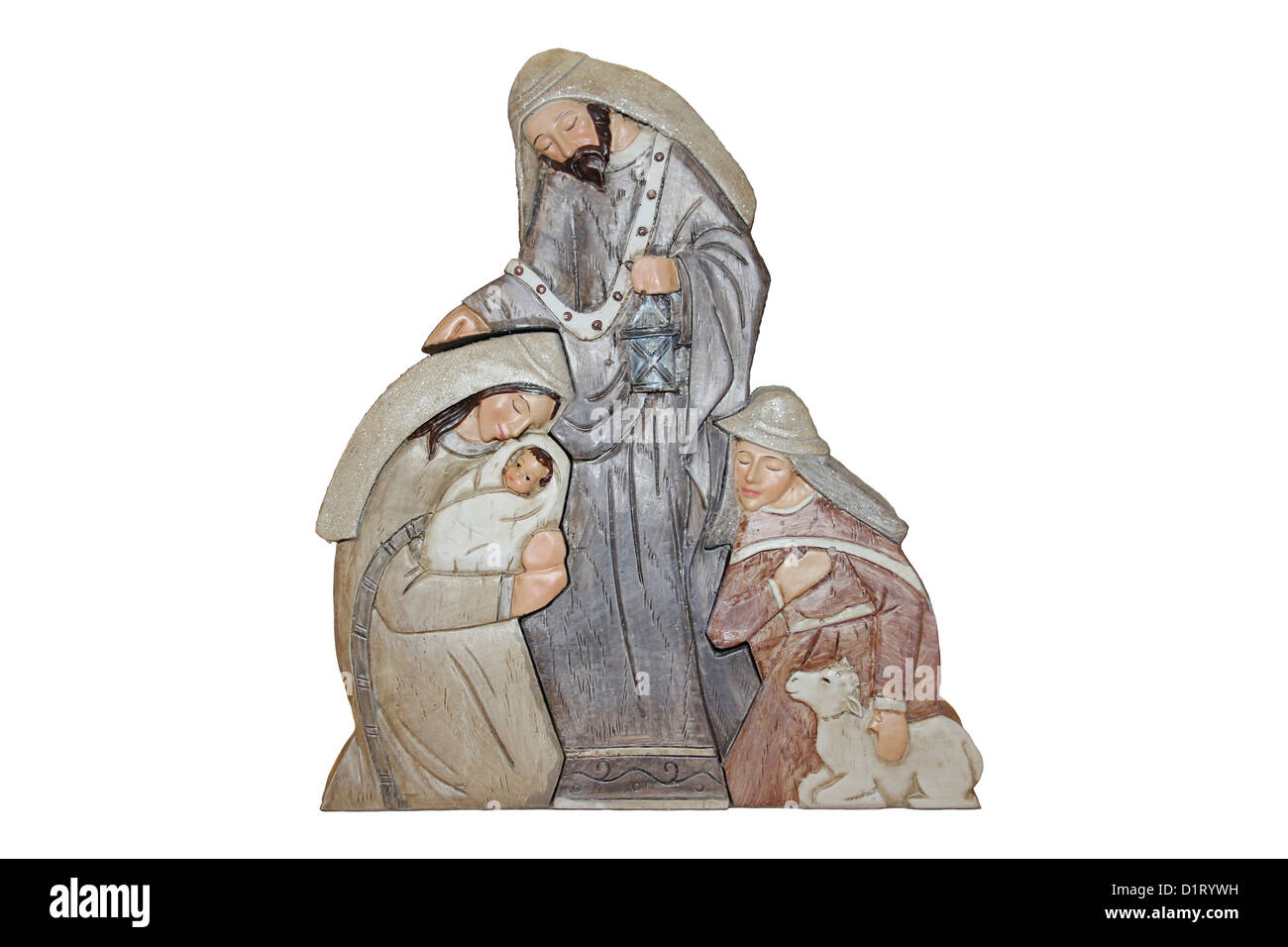 Weihnachts-Dekoration zeigt Maria, Jesuskind und die Hirten Stockfoto