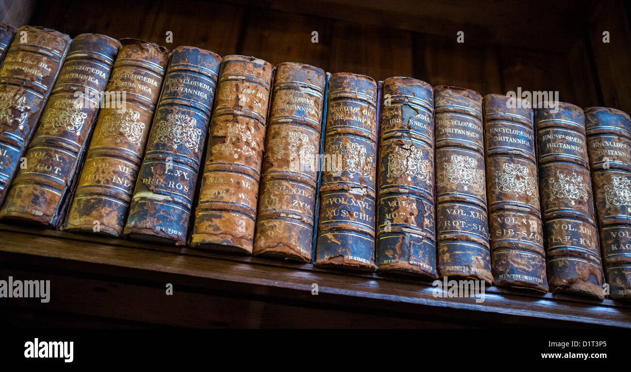 Altes Leder gebunden Kopien von der Enzyklopädie Britannica Stockfoto