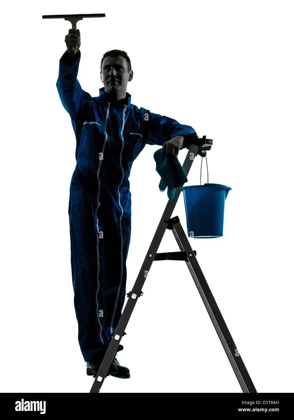 ein Mann Fenster Reiniger Arbeiter Silhouette im Studio auf weißem Hintergrund Stockfoto
