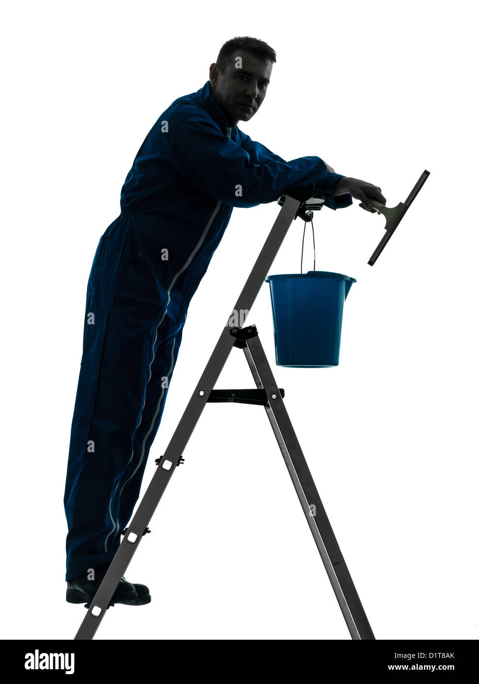 eines Mannes Haus Arbeiter Hausmeister Reinigung Fenster Reiniger Silhouette im Studio auf weißem Hintergrund Stockfoto