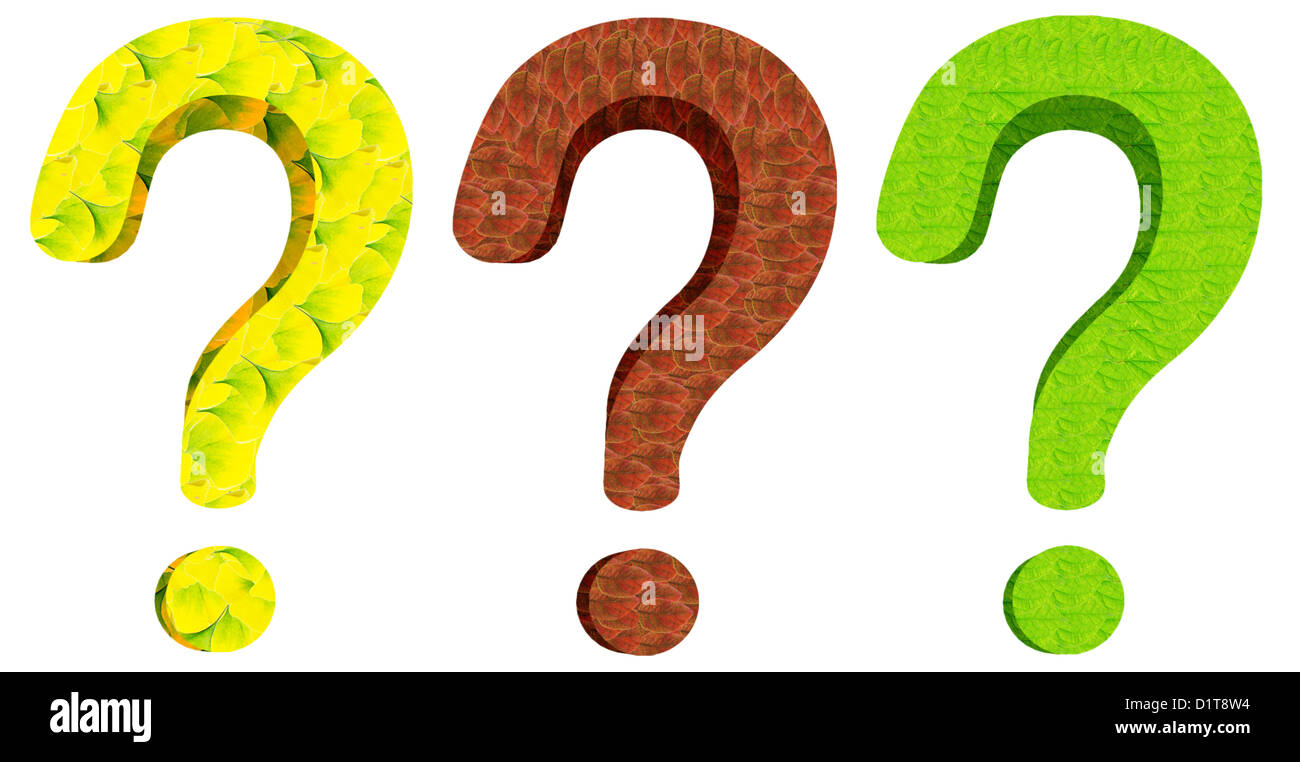 Drei Fragezeichen in verschiedenen Farben Stockfoto