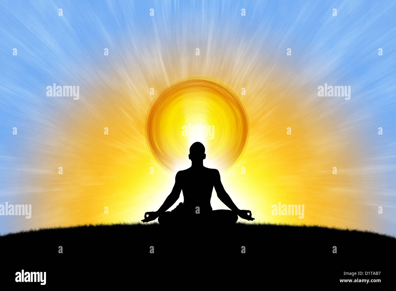 Sonne-Silhouette eines indischen Mannes meditieren. Andhra Pradesh, Indien. Foto-Montage-illustration Stockfoto