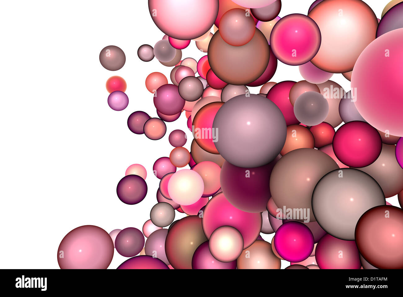 3D Render-Saiten von schwimmenden Kugeln in mehreren glänzend rosa rot Stockfoto
