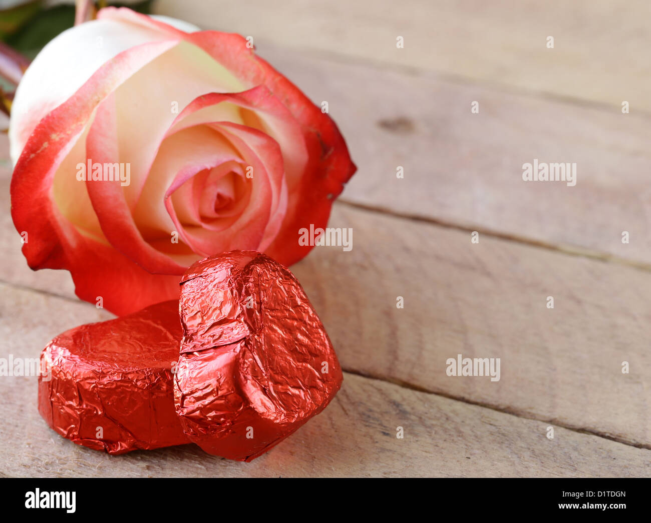 frische Rosen und Schokolade Herz, Geschenk für den Valentinstag Stockfoto