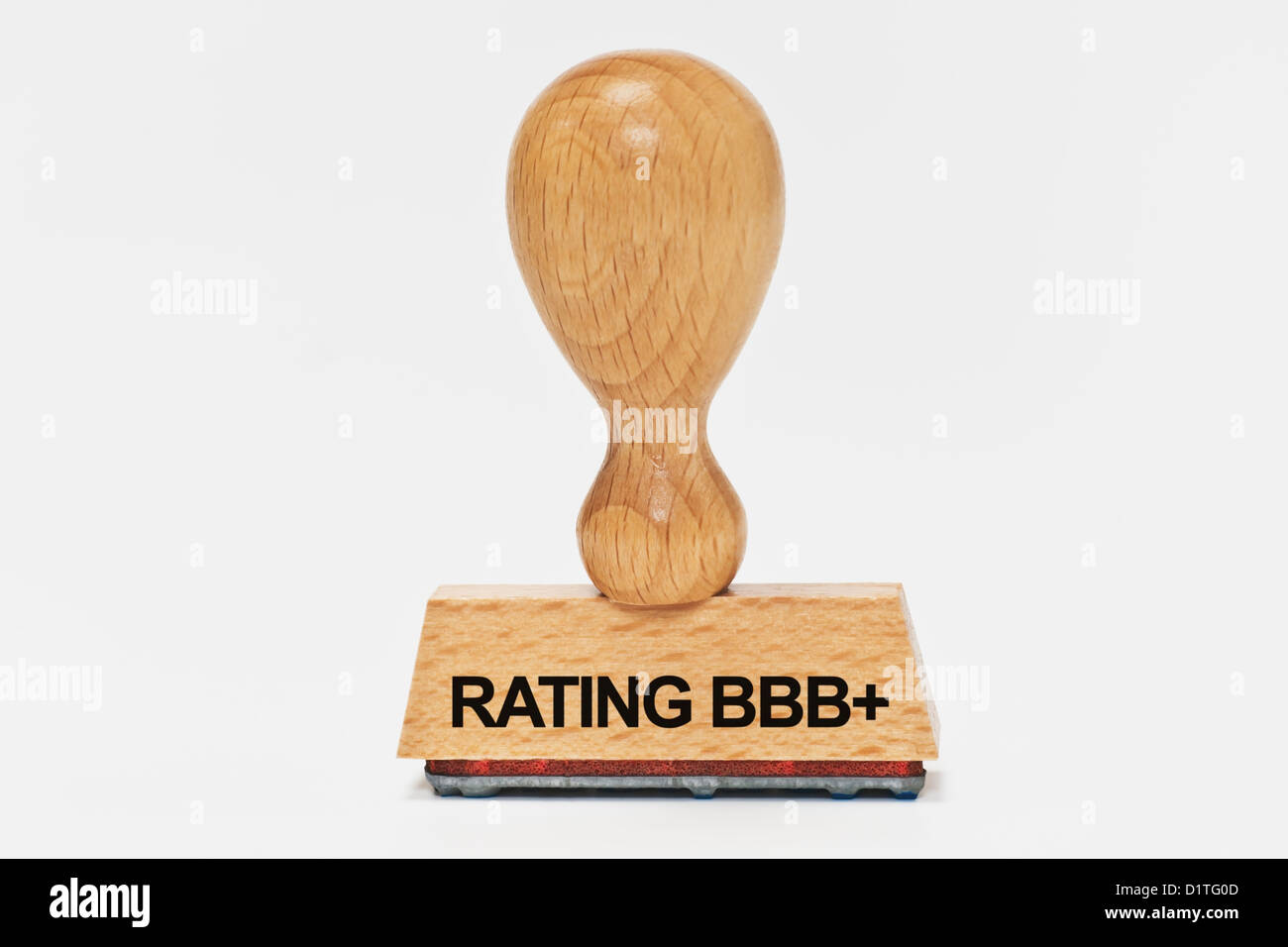Detail-Foto von einem Stempel mit der Aufschrift Rating BBB plus, Hintergrund weiß Stockfoto