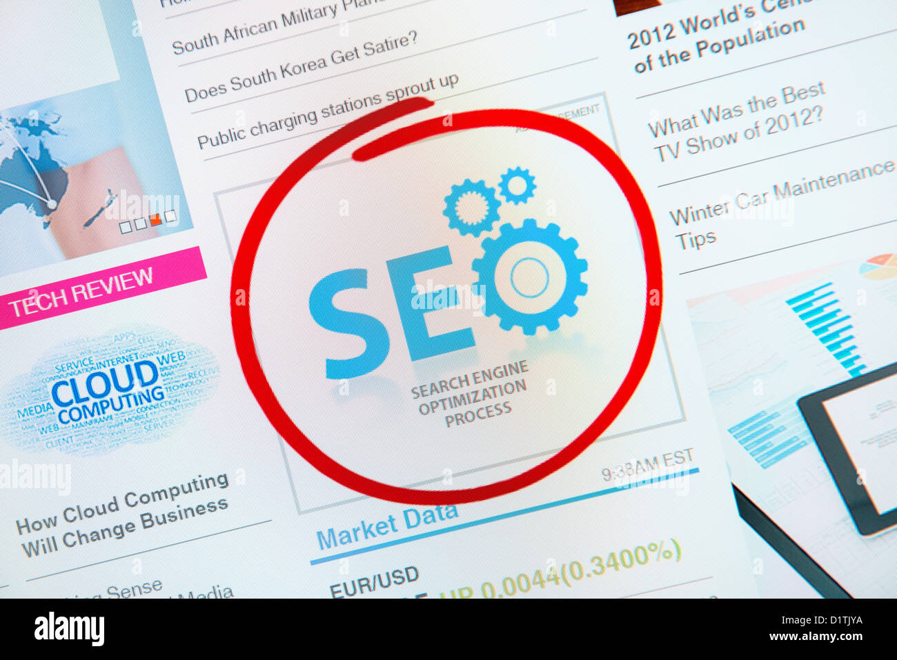 Erfolg Internet-Banner-Werbung mit Text "SEO" und rot umkreisen Auswahl. Stockfoto