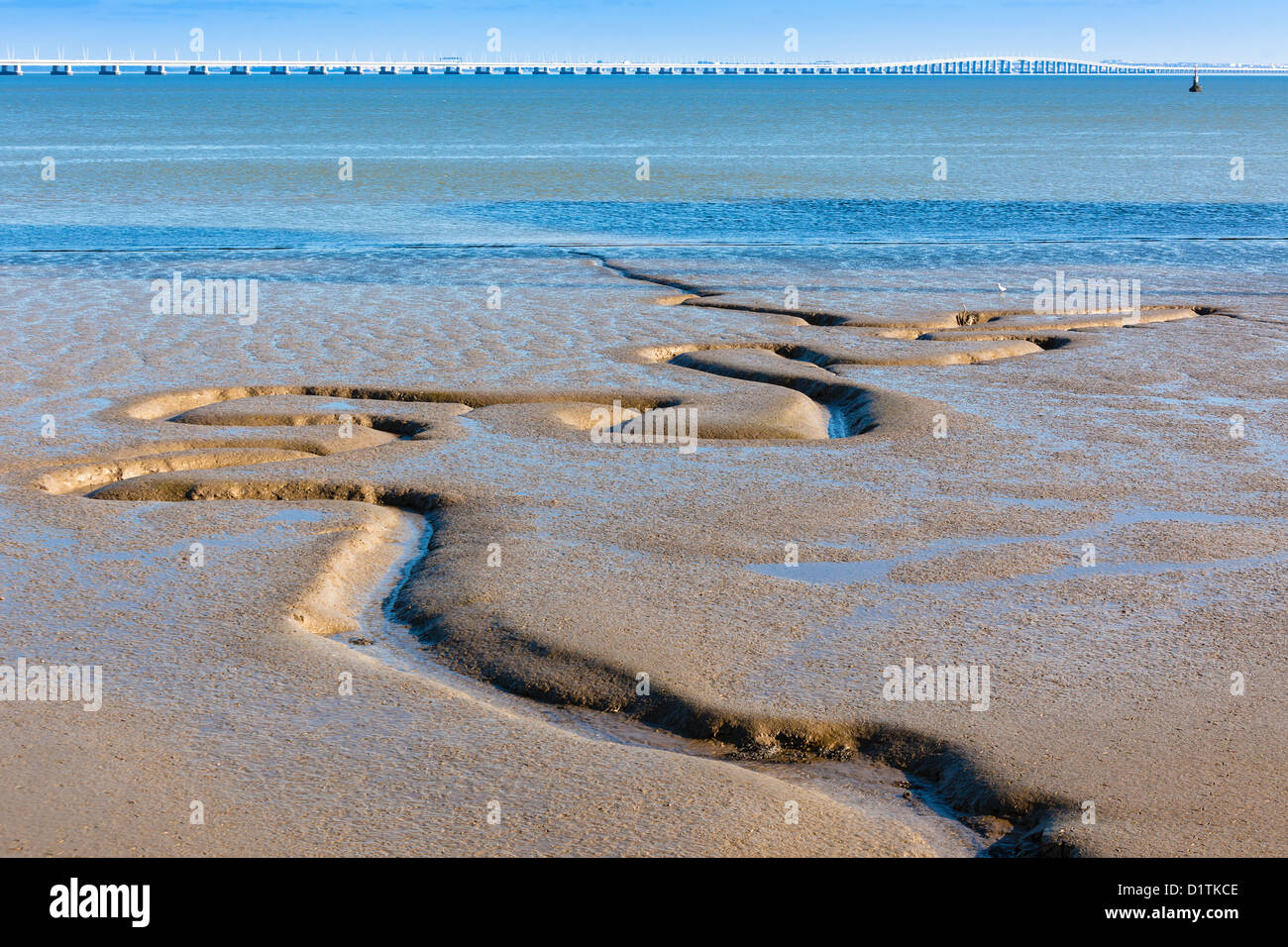 Tagus Flusssand Boden und Vasco da Gama Bridge als Hintergrund. Horizontalen Schuss Stockfoto