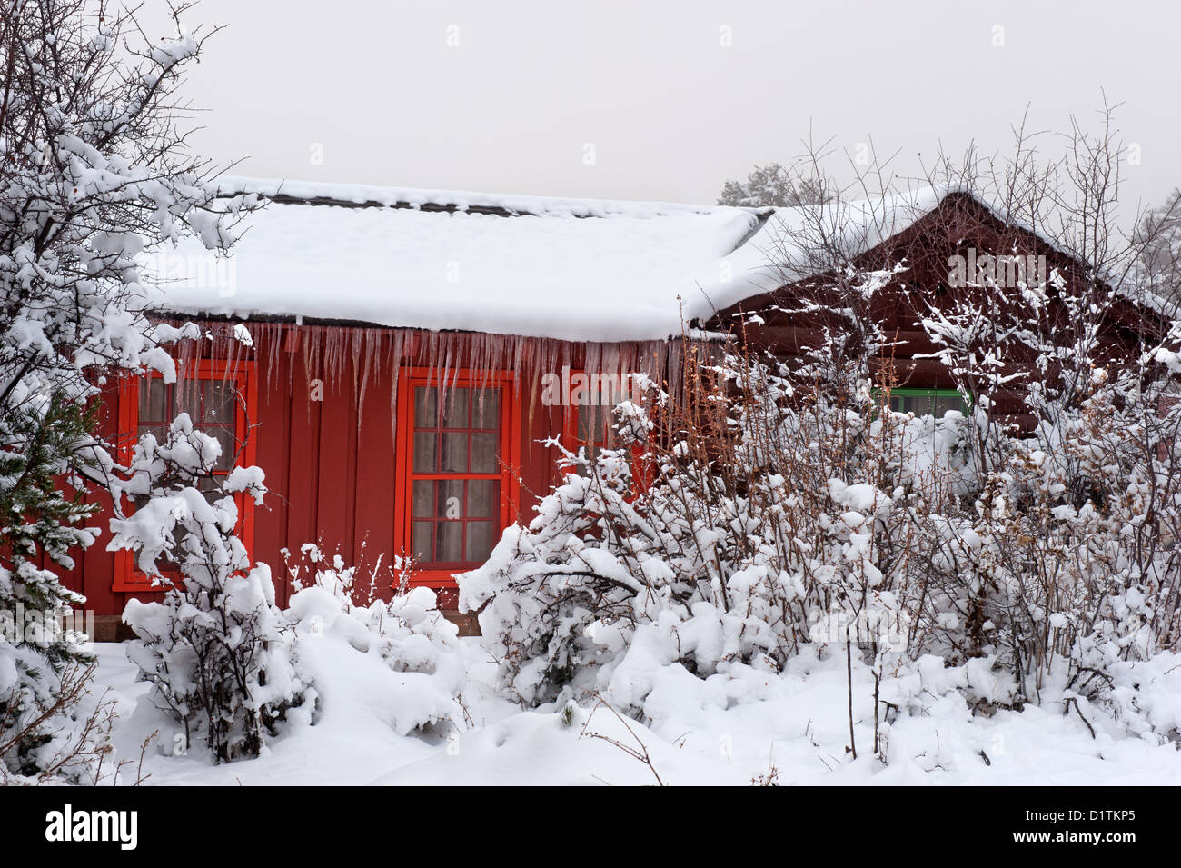 Ein rotes eingebettet gefrorenen Hütte im Wald in einer verschneiten Landschaft mit Eis Zyklen hängen vom Dach. Stockfoto