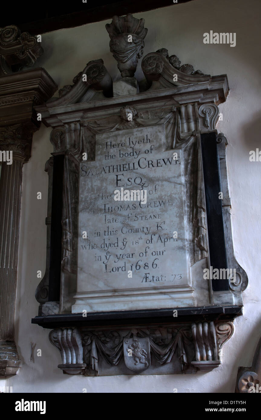 Salathiell Crewe Gedenktafel, Holy Trinity Church, Hinton in Hecken, Northamptonshire, England, UK Stockfoto