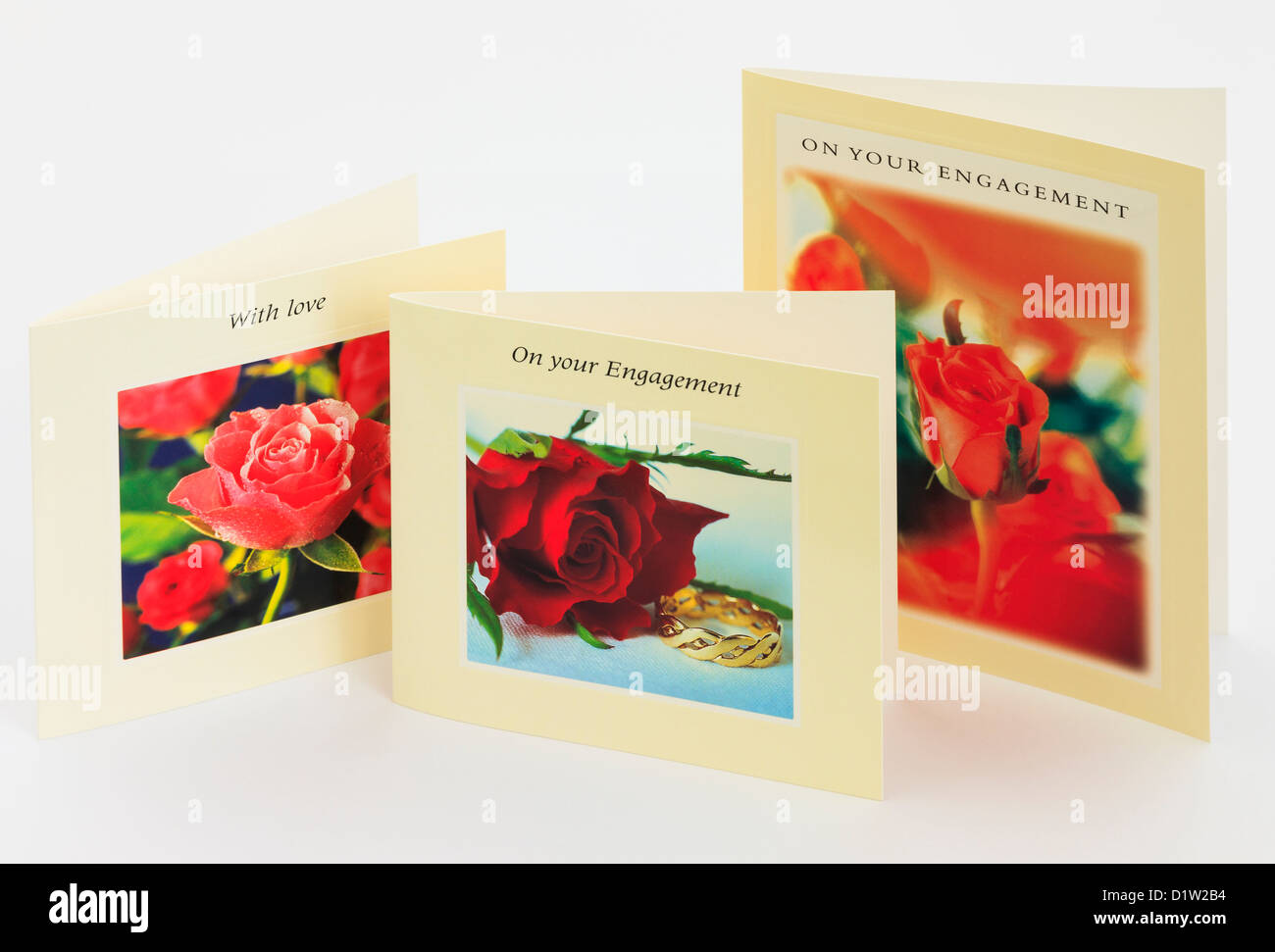 Fotografische romantische Grußkarten mit roten Rosen auf weißem Hintergrund. Engagement Stockfoto