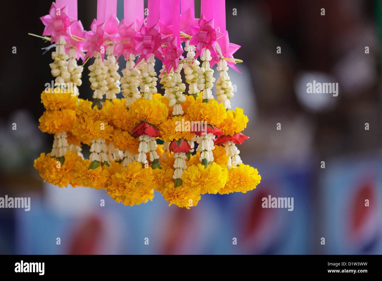 Traditionellen ostasiatischen Buddhismus bietet mit Ringelblumen, Thailand gemacht Stockfoto