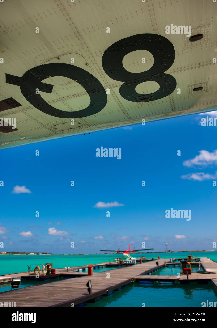Maldivian Air Taxi Wasserflugzeug im Soneva Fushi Hotel, Baa Atoll, Malediven Stockfoto