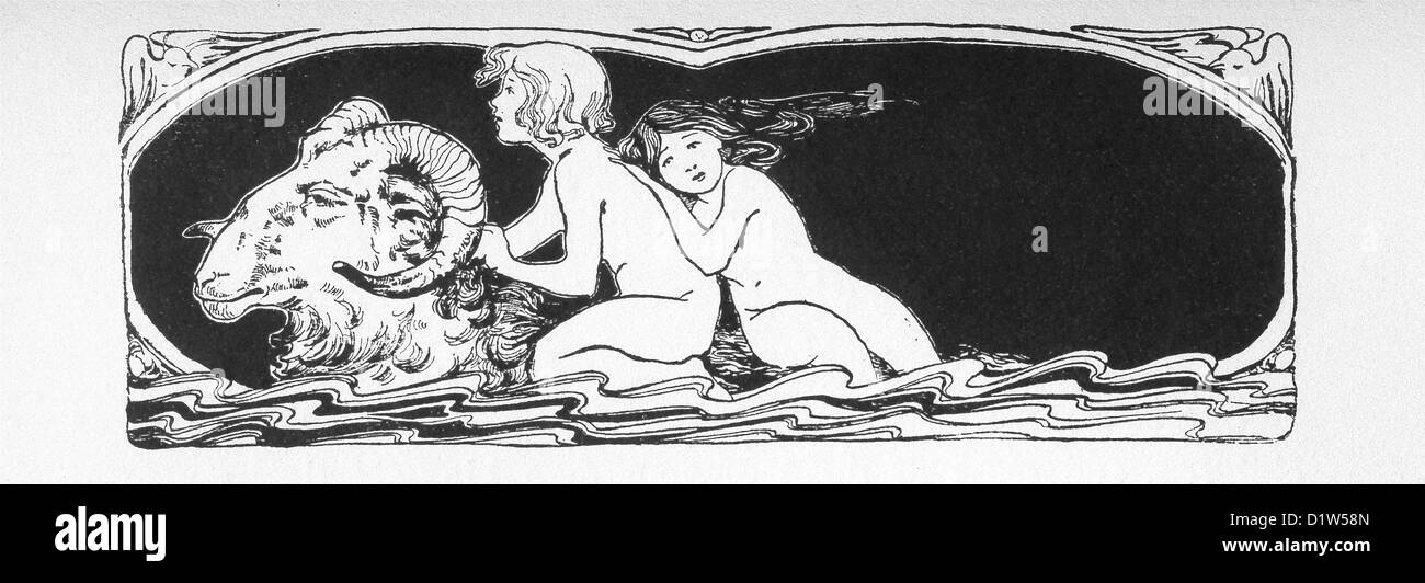 Widder mit dem Goldenen Vlies trägt Phrixos und Helle, die Kinder des Königs Athamas von Böotien und seine Frau Nephele nach Kolchis. Stockfoto