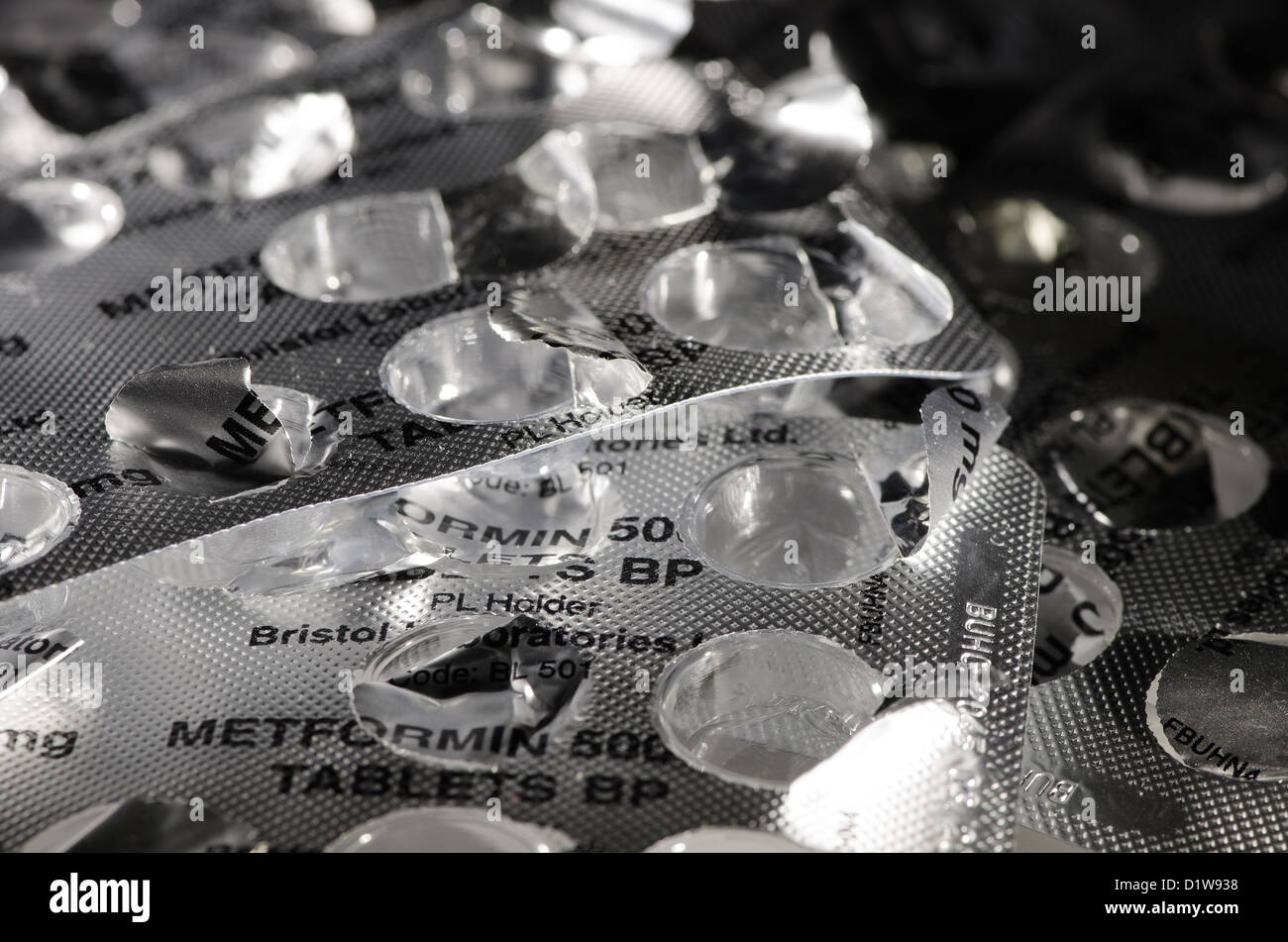 leere offene medizinische Blister Pakete von Metformin 500mg Tabletten  Pille fast schwarzen und weißen silbrigen Aluminium verwendet für diabetes  Stockfotografie - Alamy