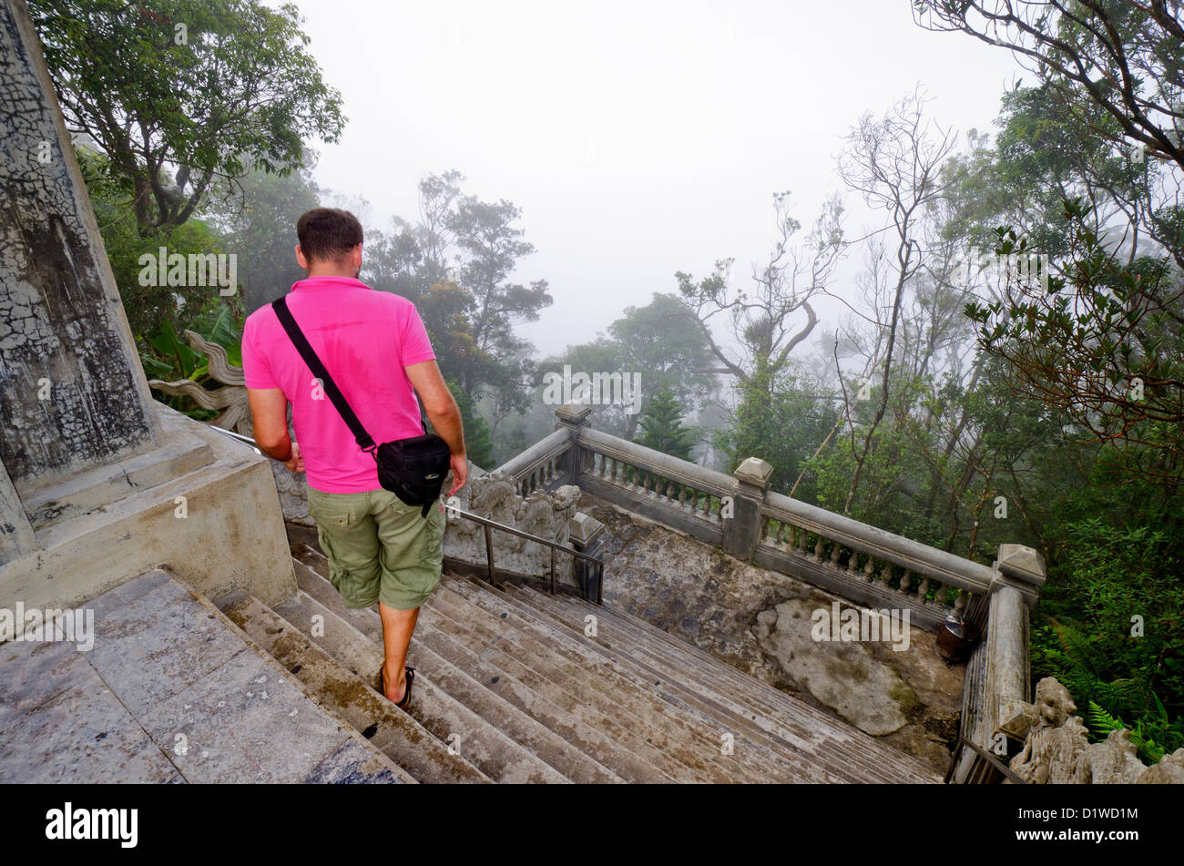 Touristen zu Fuß hinunter Schritte, Ba Na Hügel, Da Nang, Vietnam Stockfoto