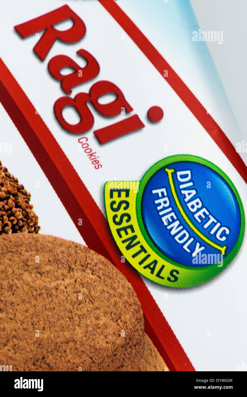 Indischen Ragi Cookies Paket mit Diabetiker freundlich Essen Label. Indien Stockfoto