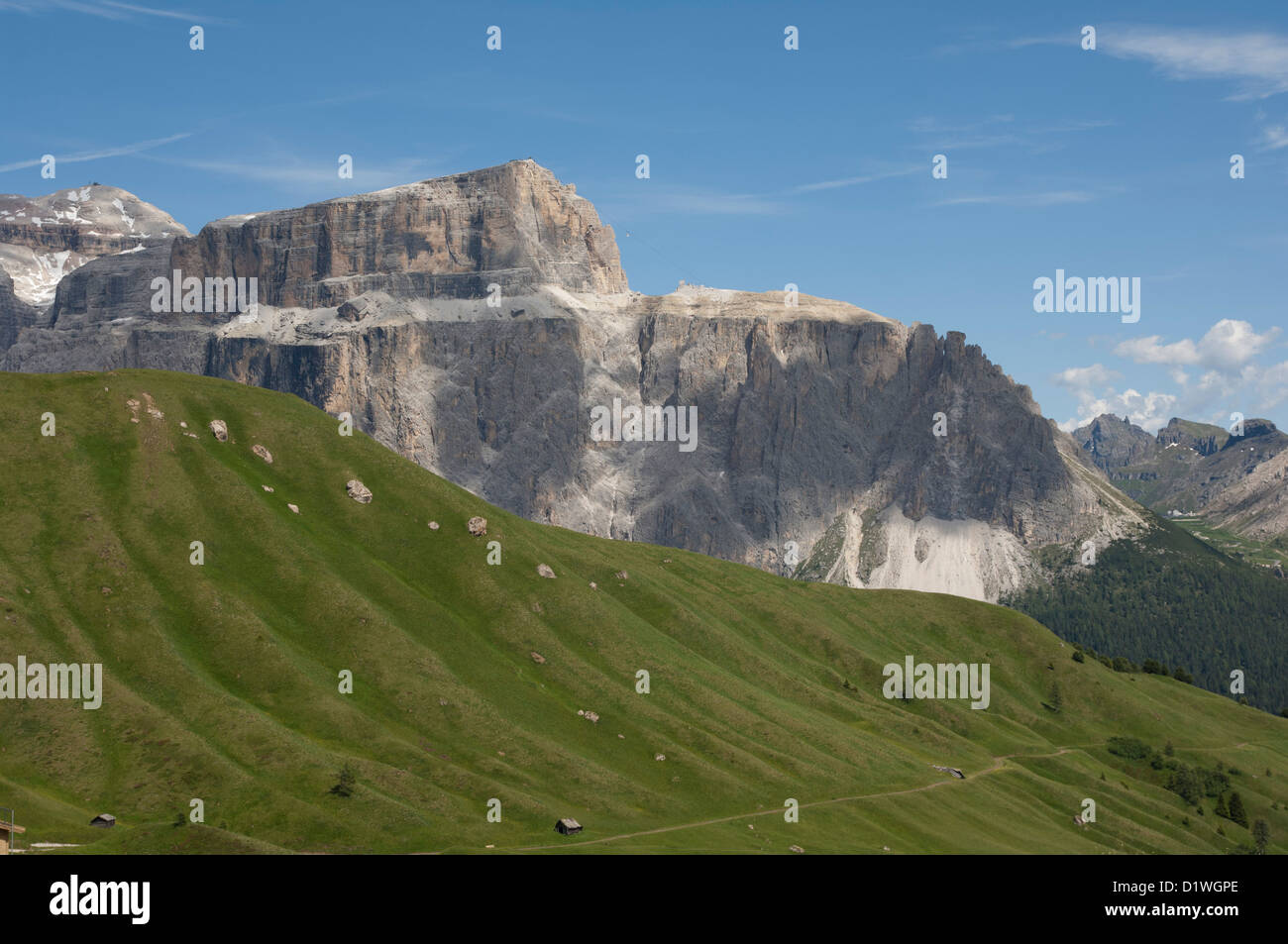 Pordoi und Sella Gruppe von Mountain dew Salei, Passo Sella, Canazei, Dolomiti, Bozen Stockfoto