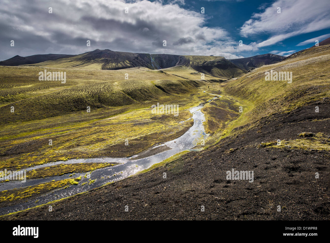 Flussbett mit Lava und Moos Landschaft, Landmannalaugar, Hochland Island Stockfoto