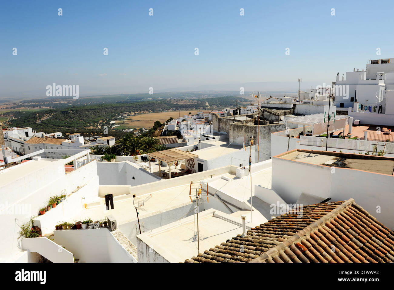 Vejer De La Frontera, eines der Pueblos Blancos oder weißen Dörfer Andalusiens, die berühmt für ihre weiß getünchten Wänden, Südspanien Stockfoto