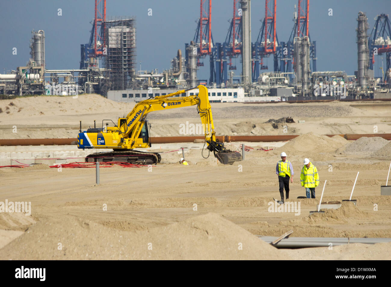 Neues Land. Baustelle der Maasvlakte 2, der Ausbau des Hafens Rotterdam Tiefsee. Die Niederlande Stockfoto