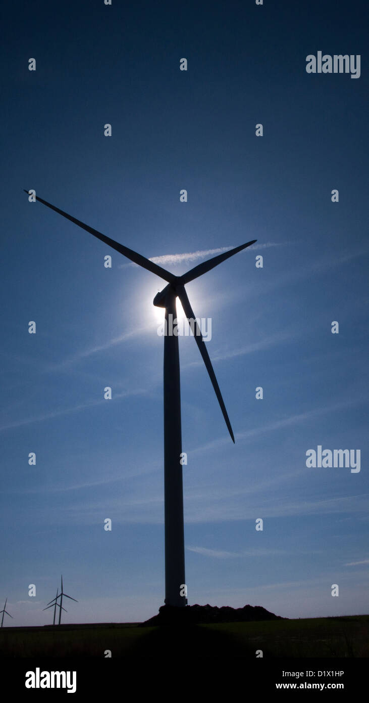 Windturbine Silhouette, blauer Himmel, Normandie, Frankreich Stockfoto