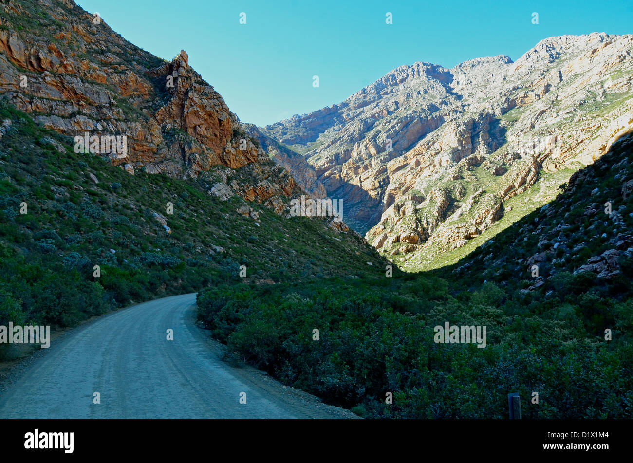Unbefestigte Straße schlängelt sich durch Bergschlucht in Swartberg Mountains, Western Cape, Südafrika Stockfoto