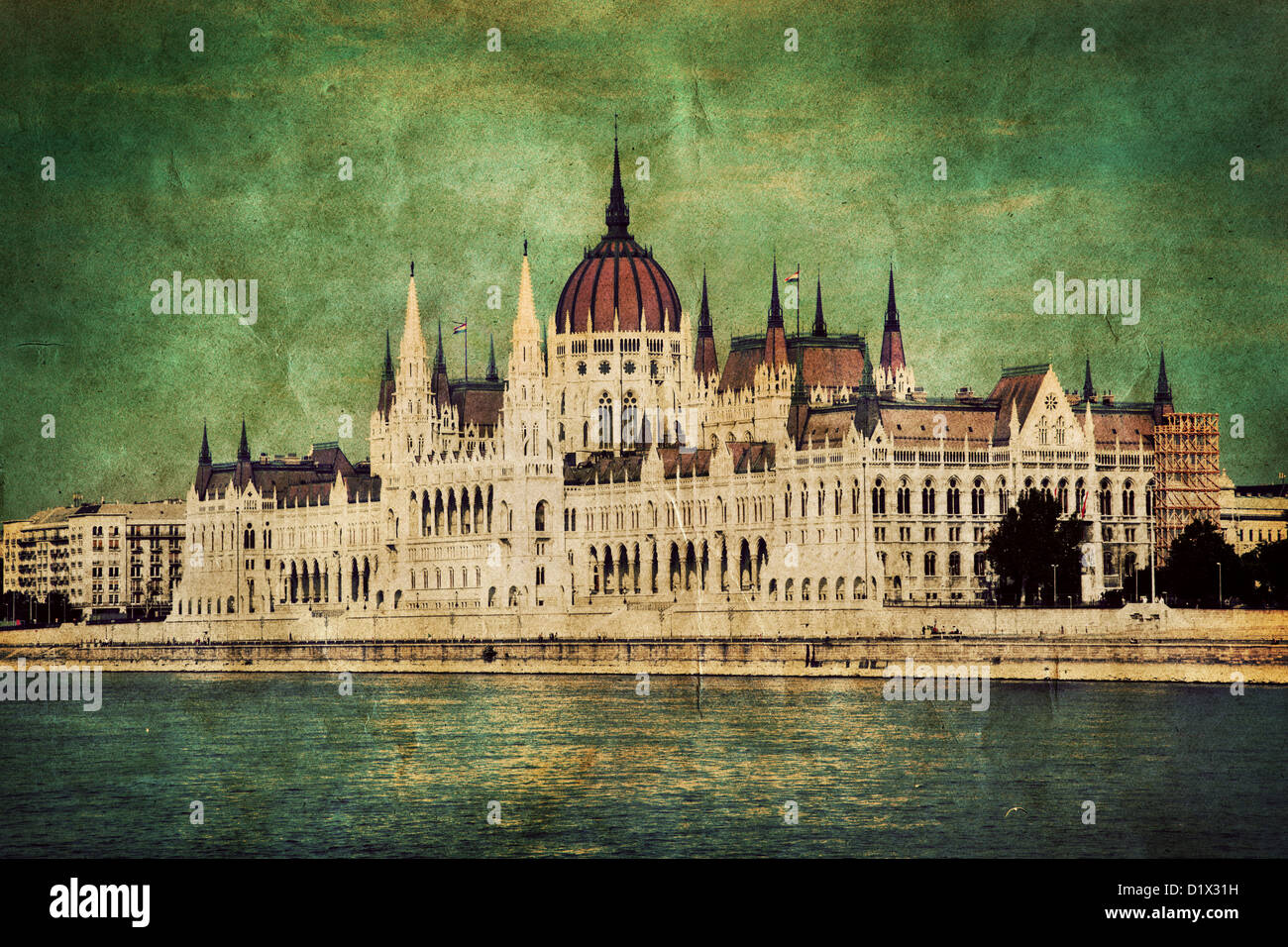 Retro-Foto des ungarischen Parlamentsgebäude von Donau. Budapest, Ungarn. Vintage-Stil Stockfoto