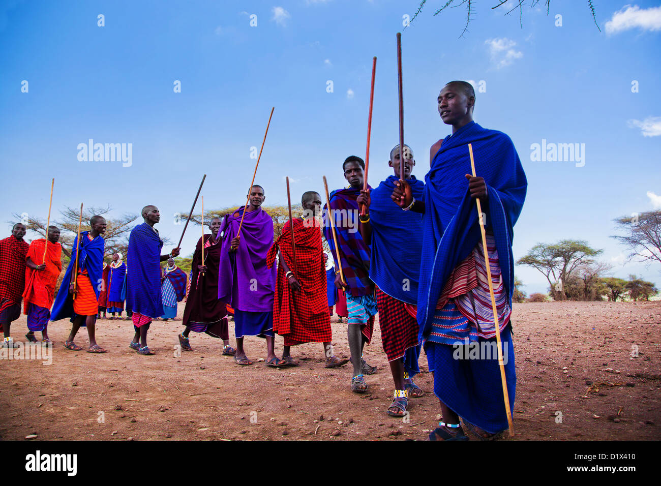 Eine Gruppe von Maasai Männern Durchführung ihrer rituellen Tanz in traditionellen Kleidern in ihrem Dorf. Stockfoto
