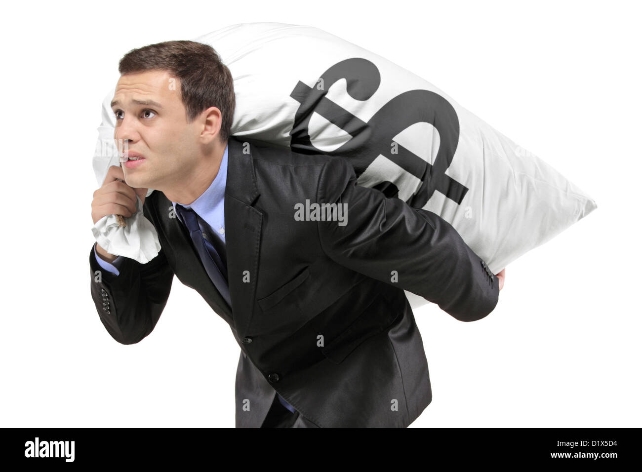 Ein Geschäftsmann mit einer Geldtasche mit US-Dollar Zeichen auf weißen Hintergrund isoliert Stockfoto