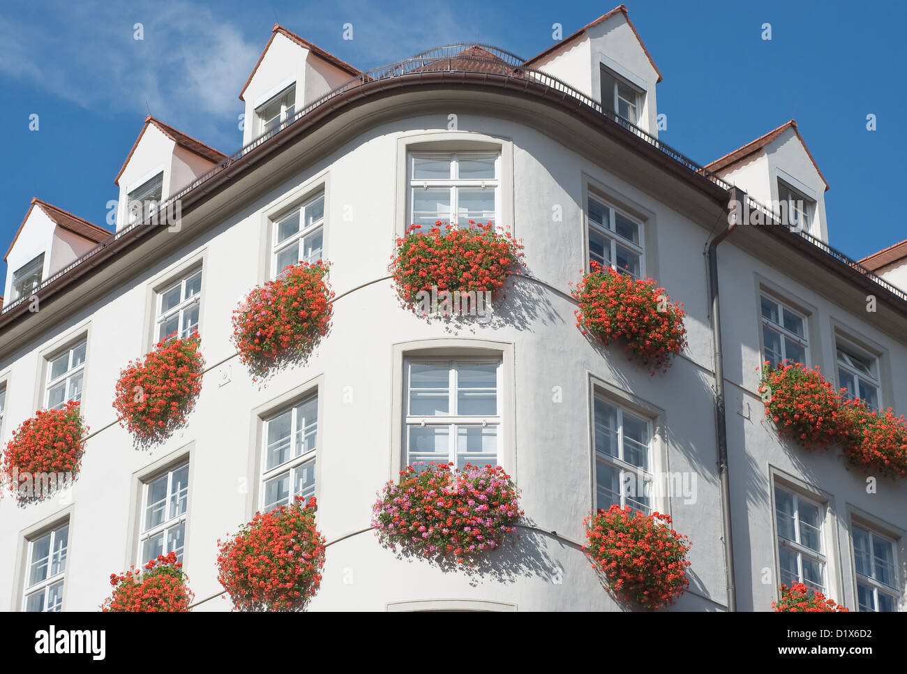Traditionelle Architektur in München mit Geranien Blumen Stockfoto