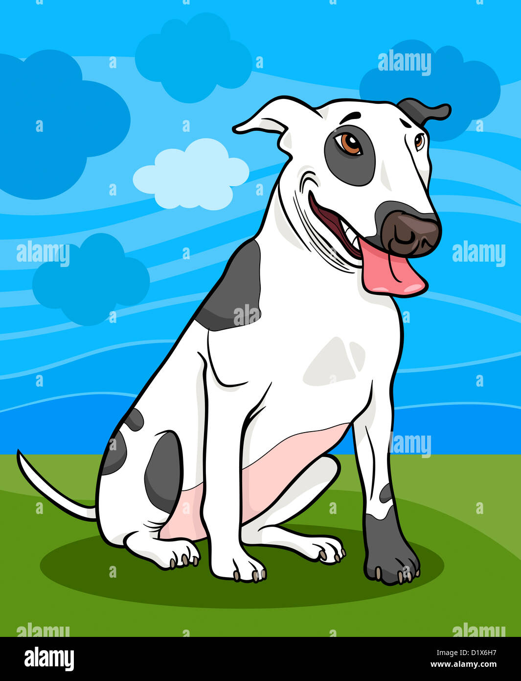 Cartoon Illustration lustig gefleckte Stier Terrier Hund gegen blauen Himmel Stockfoto