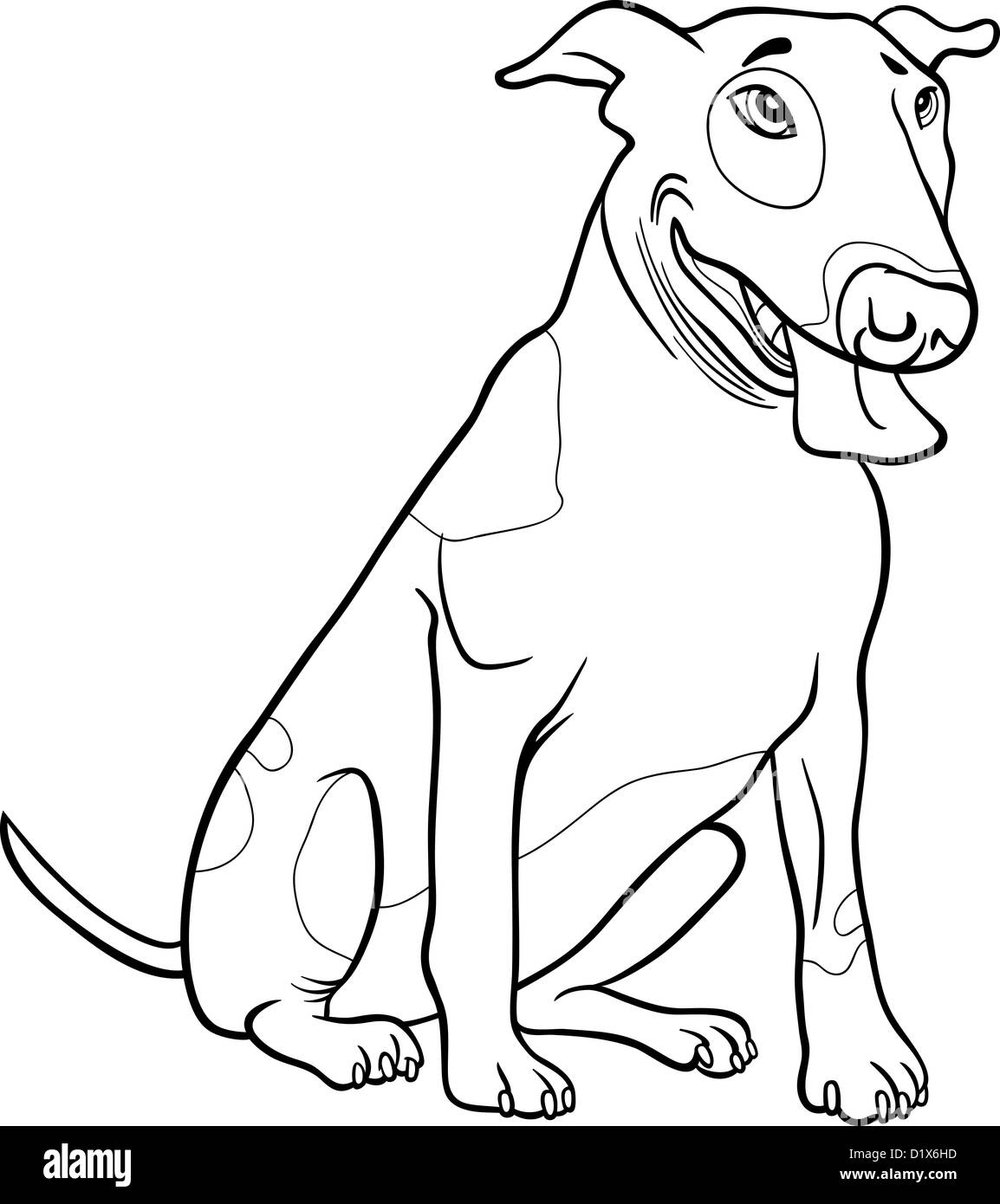 Schwarz / Weiß Cartoon Illustration lustig gefleckte Stier Terrier Hund für Malbuch Stockfoto