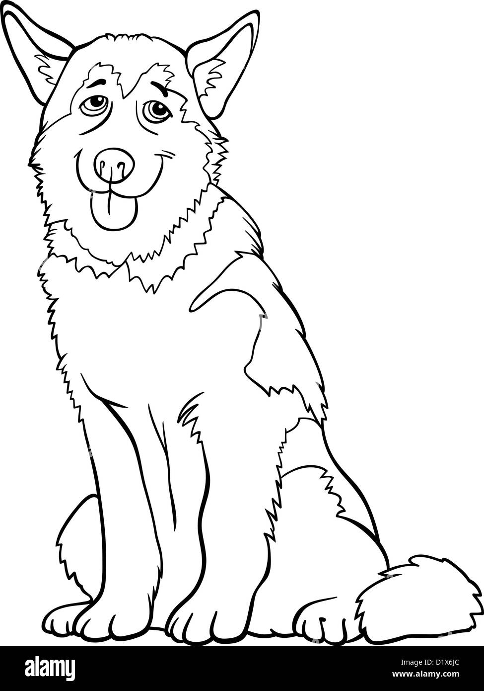 Schwarz / Weiß Cartoon Illustration der lustige Siberian Husky oder Alaskan Malamute Hund für Malbuch Stockfoto