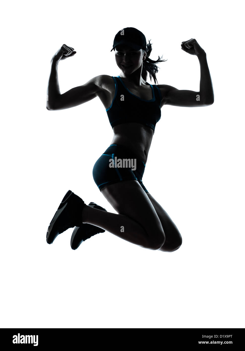 eine Kaukasische Frau Läufer Jogger springen kraftvolle Silhouette Studio isoliert auf weißem Hintergrund Stockfoto