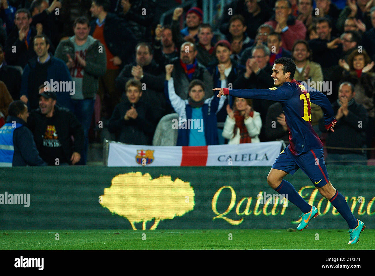 Pedro Rodriguez (FC Barcelona) reagiert nach seinem Tor gegen RCD Espanyol, während La Liga Fußballspiel zwischen FC Barcelona und RCD Espanyol, im Camp Nou Stadion in Barcelona, Spanien, Sonntag, 6. Januar 2013. Foto: S.Lau Stockfoto