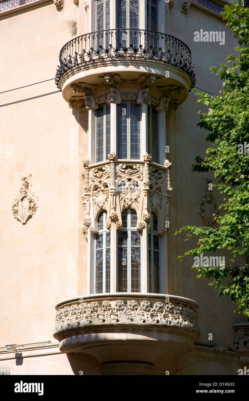 Palma De Mallorca, Mallorca, Balearen, Spanien. Modernistische Fassade des ehemaligen Gran Hotel in Plaça Weyler. Stockfoto
