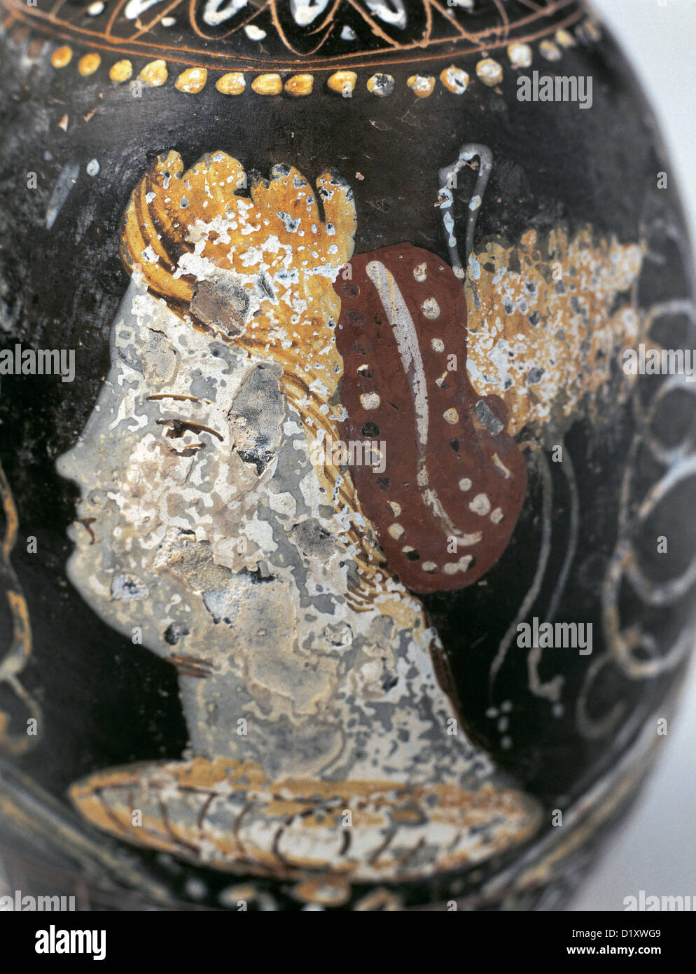 Griechische Kunst. Magna Graecia. Griechische Vasenmalerei. Rote Figur Keramik. Lekythus. Egnatia, Italien. Museum des Parfums. Barcelona. Spanien Stockfoto