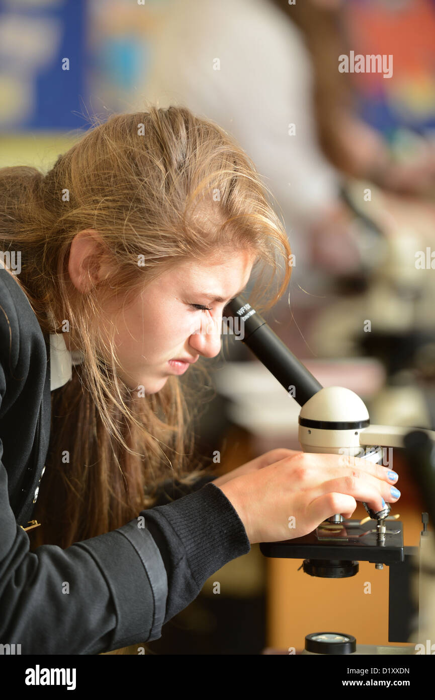 Schulmädchen Mikroskopie während einer Unterrichtsstunde Wissenschaft an Pasteten Grammar School in Cheltenham, Gloucestershire UK Stockfoto