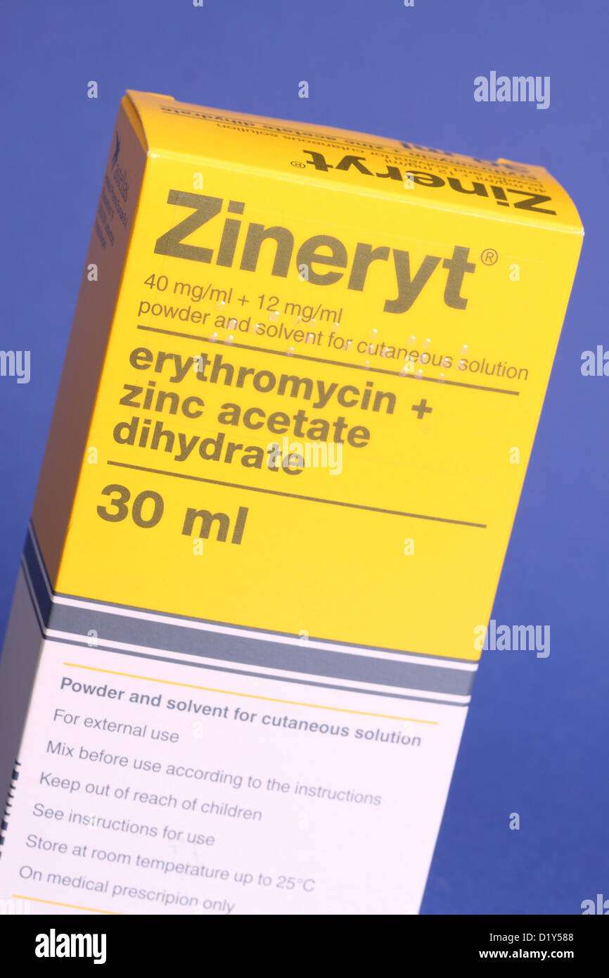 Stock Photo von Zineryt Medikament Erythromycin mit Zinkacetat Dihydrat Pulver mit Lösung zur Behandlung von Akne Stockfoto
